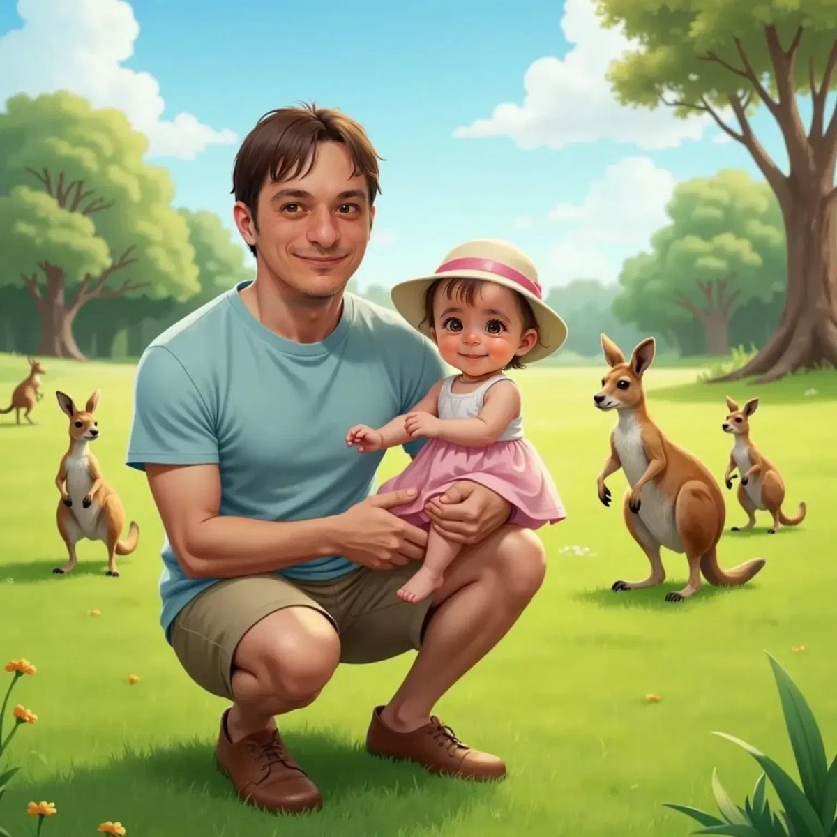 Glenn kneeling with open arms as Ilaria, smiling, sits in his lap on grassy ground. Kangaroos hop in the background under a bright Australian sky.