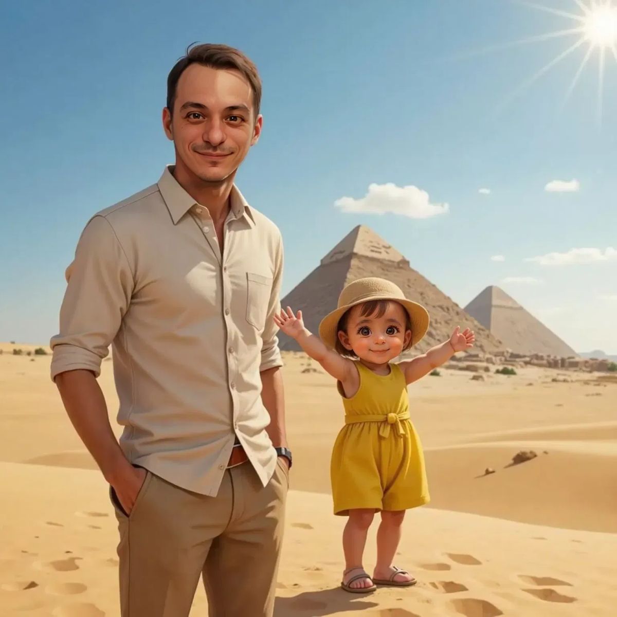 Glenn smiling beside Ilaria, who is stretching her arms wide in front of the pyramids. The pyramids rise in the sandy background beneath a blue sky.