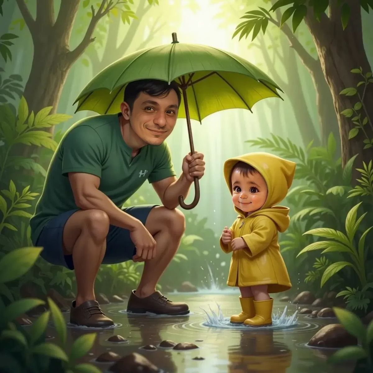 Glenn holding a large green leaf as an umbrella, smiling at Ilaria who is splashing in a puddle. Dense rainforest foliage and raindrops in the background.