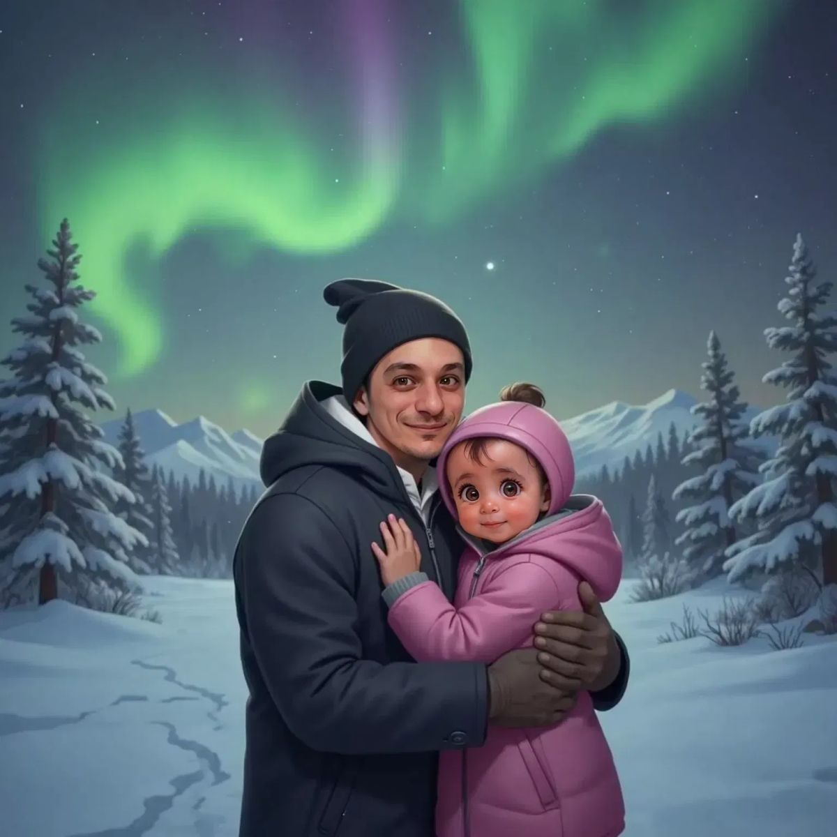 Glenn hugging Ilaria, both looking up at green and purple Northern Lights in the night sky. Snowy landscape surrounds them, Ilaria's eyes wide with wonder.