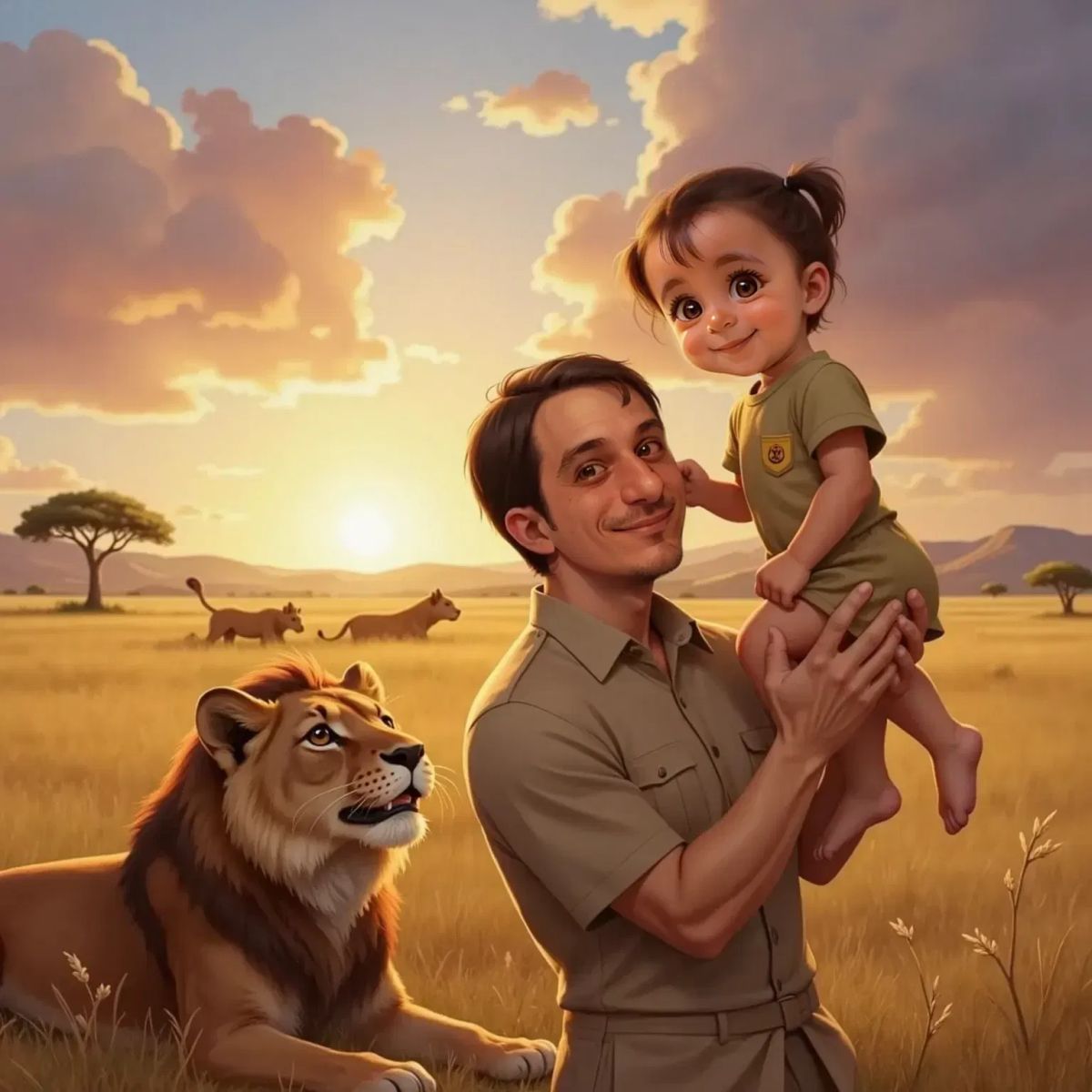 Glenn holding Ilaria up to see lions lounging in golden grass on safari. The sky is orange and pink, acacia trees dot the background.