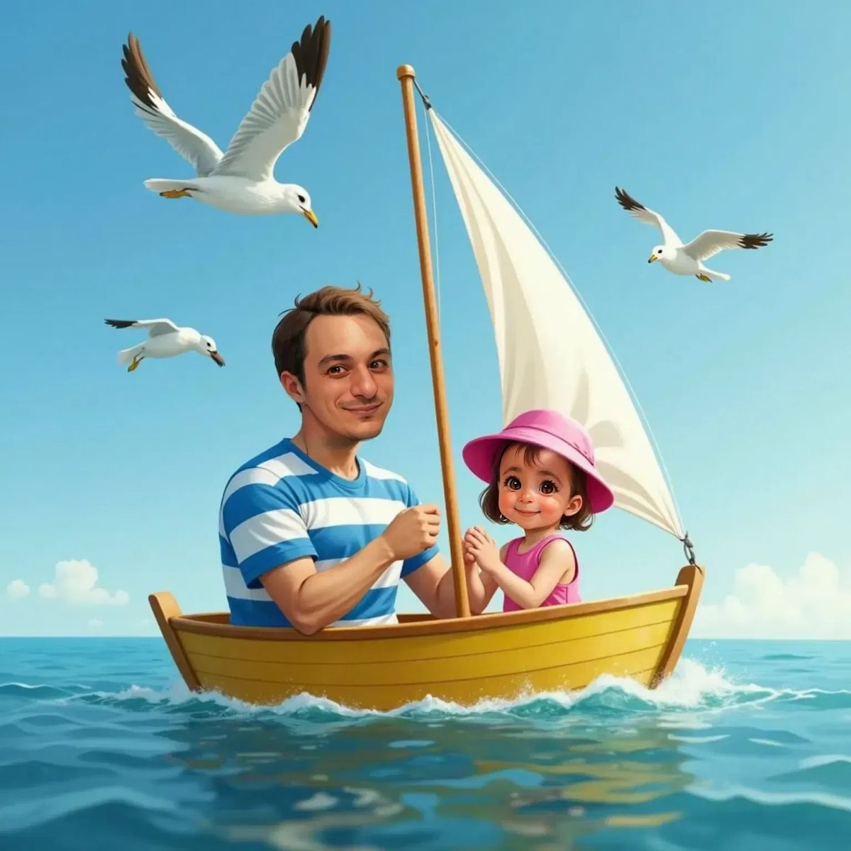 Glenn and Ilaria sitting in a small boat on gentle waves. Glenn points to the sail catching wind, Ilaria clapping. Seagulls fly overhead, blue sky and sea surround them.