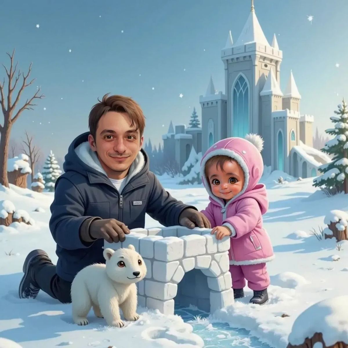 Glenn and Ilaria building a small snow fort beside a snowy castle. Ilaria places a snow bear with pebble eyes as a guard. Snowy landscape and icy castle in the background.