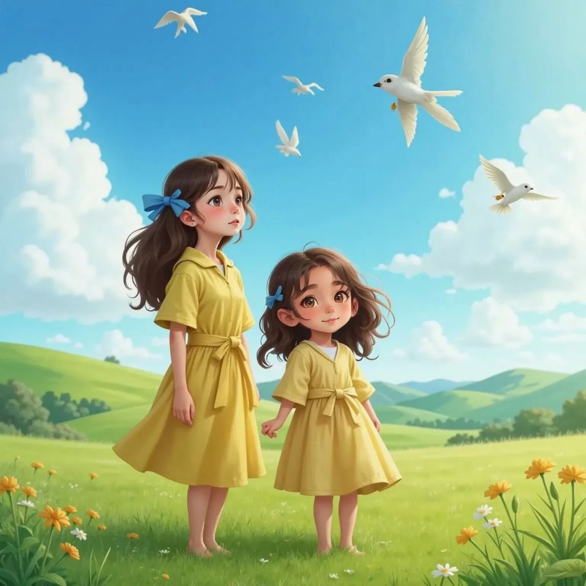 A young girl with windblown hair gazing up at birds in a blue sky, her mother beside her smiling gently. Grassy field in the background.
