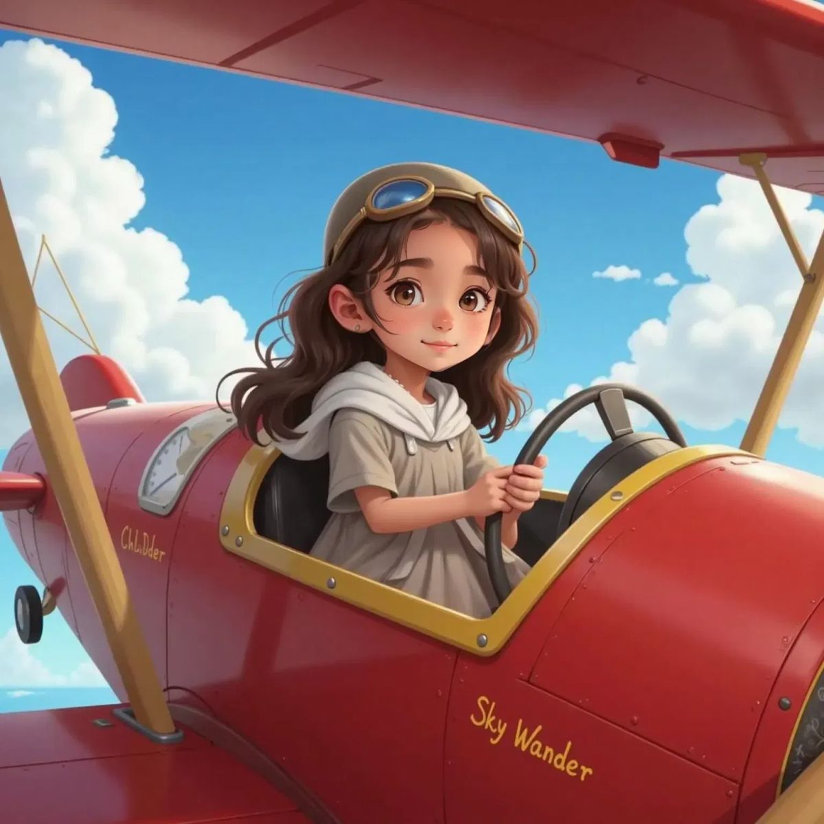 A smiling young girl in an open-cockpit airplane, wearing goggles and a scarf. Fluffy clouds and blue sky in the background.