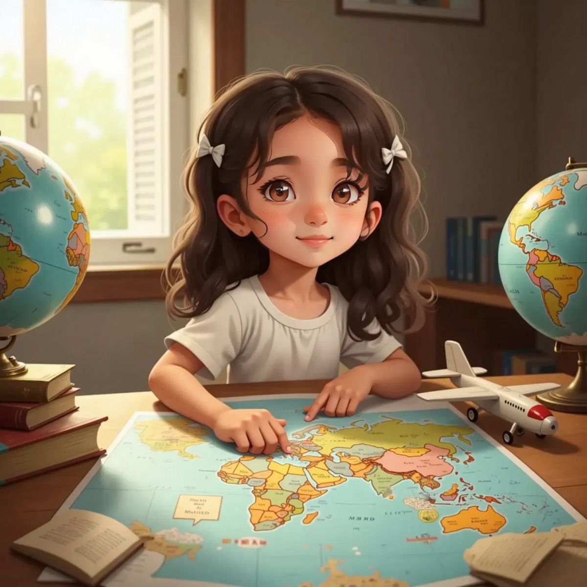 A young girl grinning with excitement, surrounded by unfolded maps on a table. A small model airplane and a globe nearby.