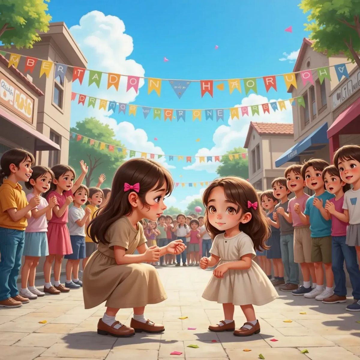 A young girl kneeling and smiling warmly at a cheerful young girl in a crowd of children, all waving. Bright sky and banners in the background.