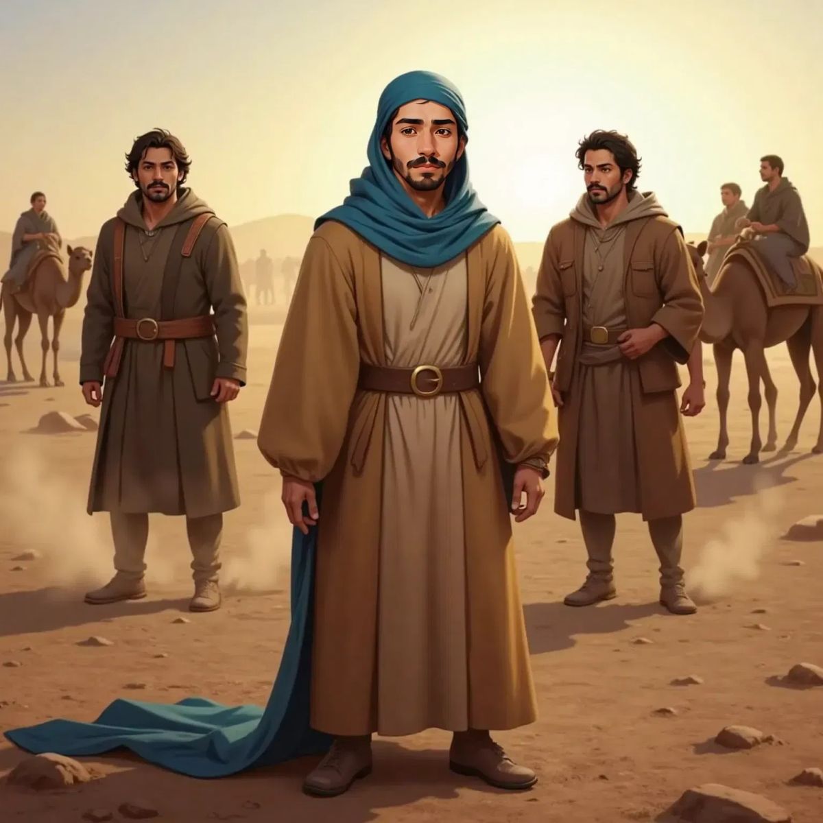 Joseph looking scared and sad, his special colorful coat taken away. Two angry young men with dark hair stand beside him. A group of traders with camels waits in the background.