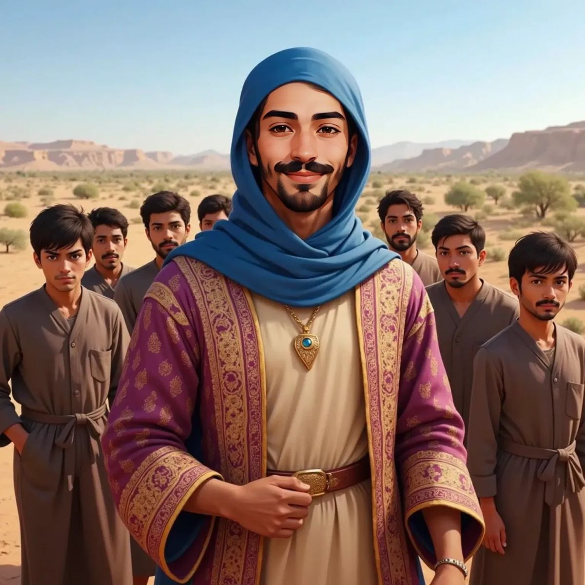 Joseph smiling, wearing a colorful special coat, standing among a group of jealous, frowning young men with dark hair. Simple desert farmland in the background