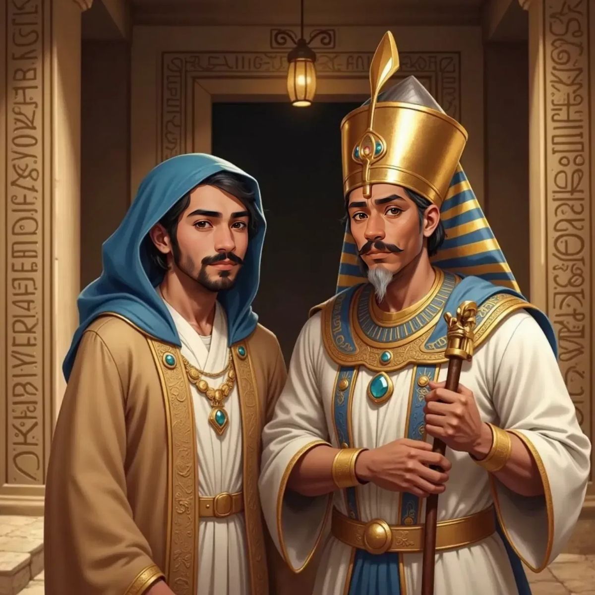 Joseph, now dressed in fine Egyptian robes, stands beside Pharaoh, an older man with a golden headdress and a calm expression. Large storehouses of grain are visible behind them.