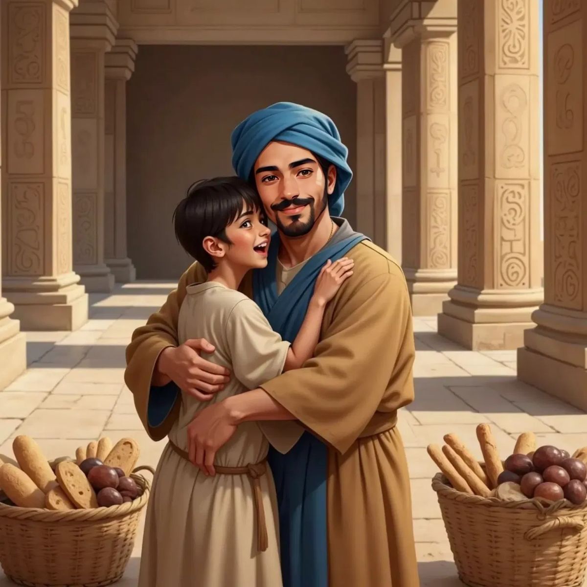 Joseph smiling gently, embracing two surprised and relieved young men with dark hair. Egyptian columns and baskets of food in the background.