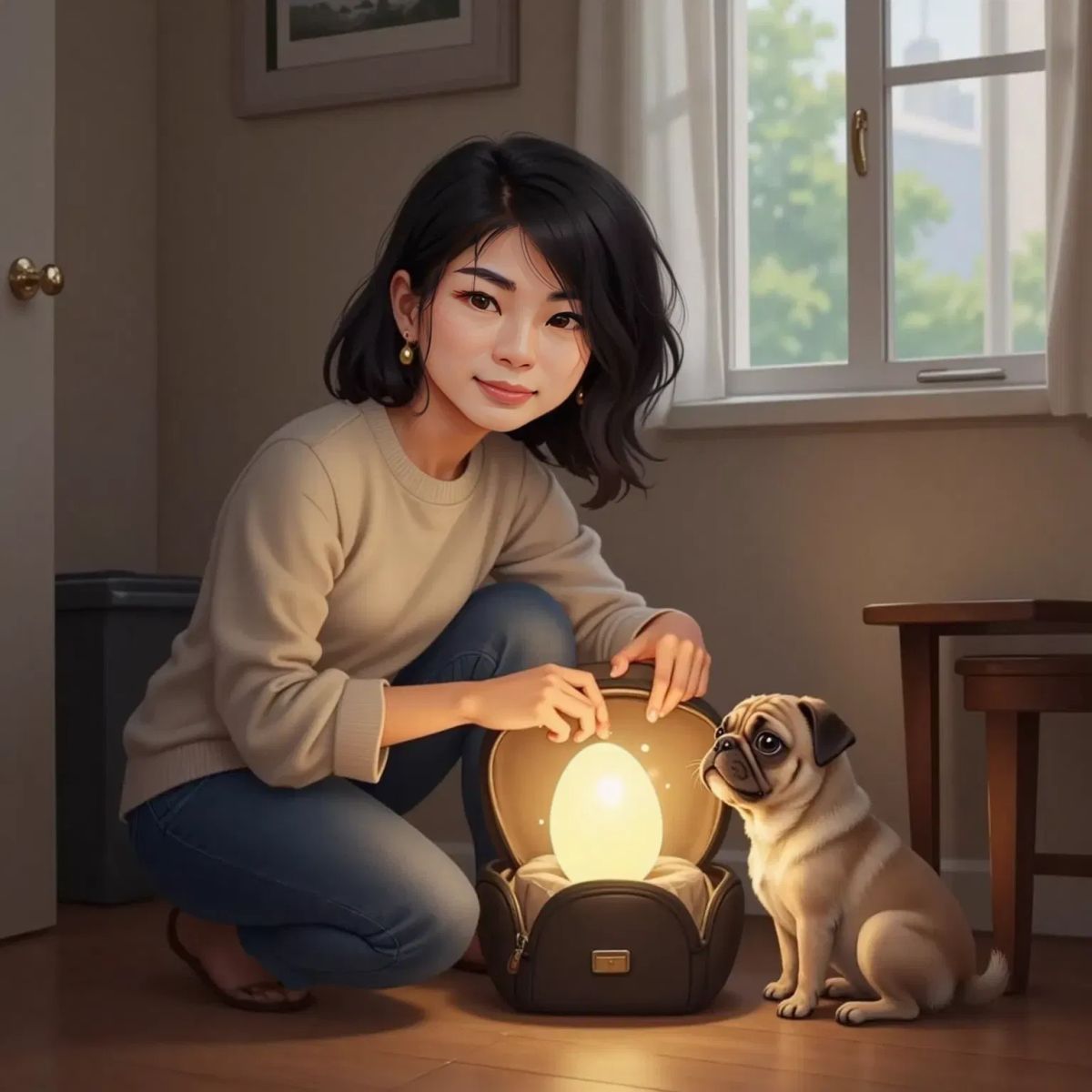 Sarah, looking determined, tucking a sparkling egg into her backpack. Prego, with big serious eyes, stands next to her. The backpack is slightly open, showing the egg glowing faintly. A quiet room with a window in the background.
