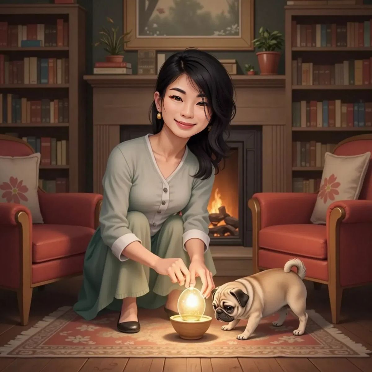 Sarah, with a gentle expression, holding a sparkling rainbow-glimmering egg in her hands. Prego, a dog with a cute face and light brown fur, sits beside her sniffing the egg. A cozy living room with soft lighting in the background.