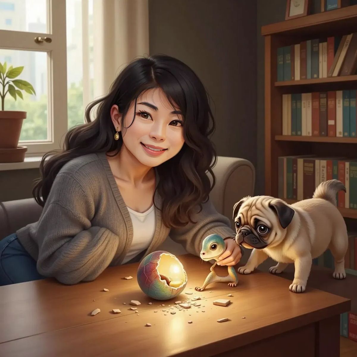 Sarah, smiling with wonder, watches as a tiny dragon with shimmering scales emerges from the cracked sparkling egg on a table. Prego, sniffing the dragon's nose, looks delighted. Pieces of eggshell scattered around.