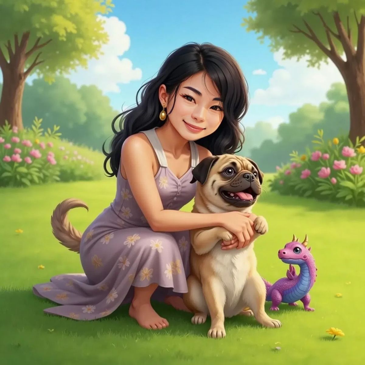 Sarah, smiling warmly, hugs Prego and a small glittering dragon. Prego looks joyful, and the dragon sparkles in the sunlight. They are outside on green grass with blue sky and sunshine.