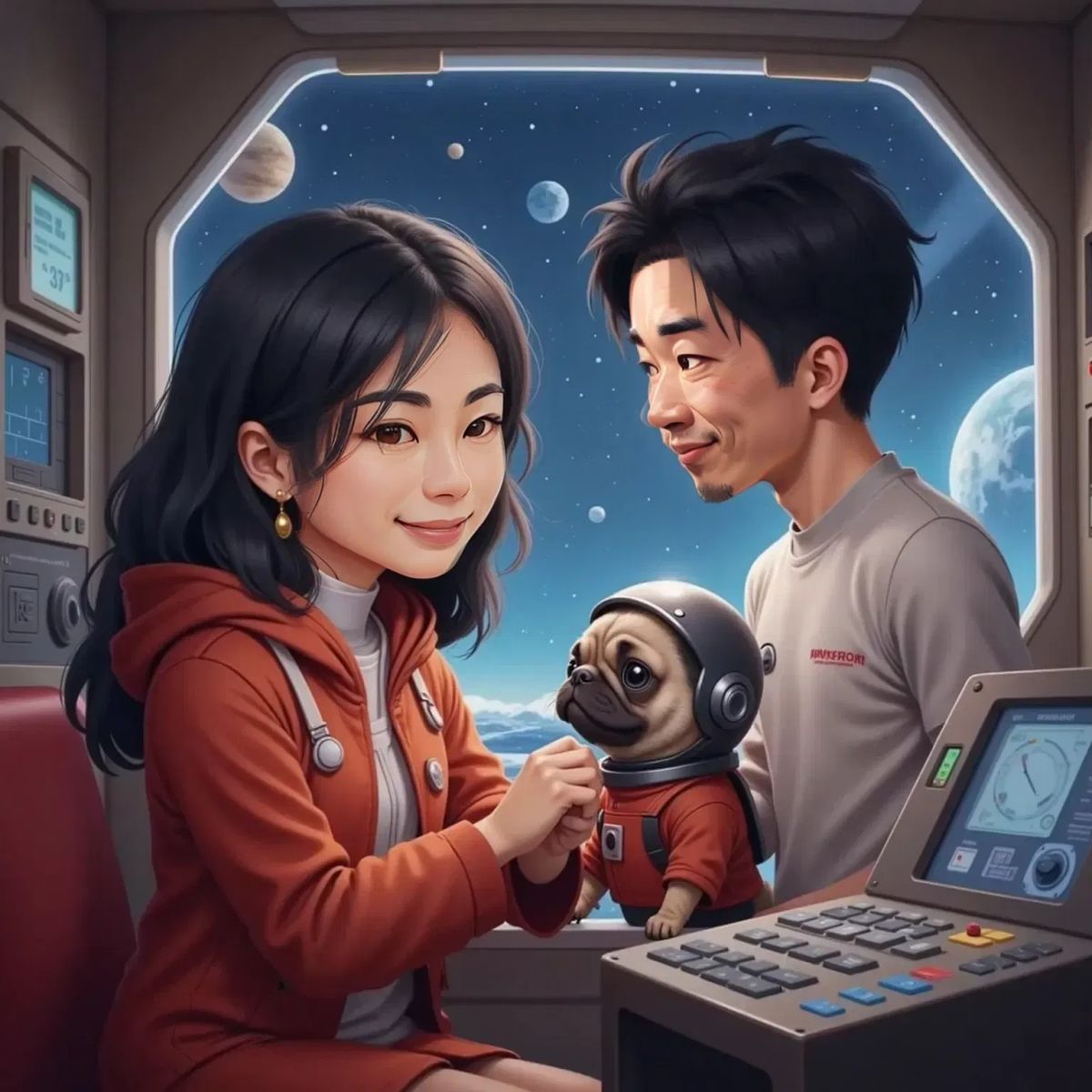 Sarah smiling and patting Prego, a dog with a cute face and light brown hair, wearing a small helmet and spacesuit, inside The Red Rover rocket. Jon, a 35-year-old man, stands nearby in a control area. Stars and planets are visible through the rocket window.