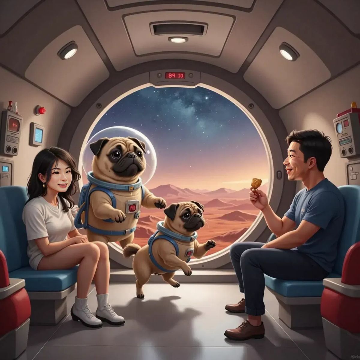 Prego, a dog with a cute face and light brown hair, floating inside a spaceship in a spacesuit, gently chasing his tail. Sarah, a 33-year-old woman, is giggling nearby. Jon, a 35-year-old man, is tossing a dog treat. Space equipment and a window with Mars in the distance.