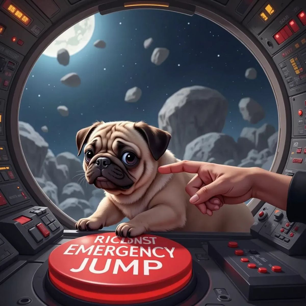 Prego, a dog with a cute face and light brown hair, pressing a big red button with his nose inside a spaceship cockpit. Jon, a 35-year-old man, is pointing at the button, looking relieved. Space rock visible through the window, control panels lit up.