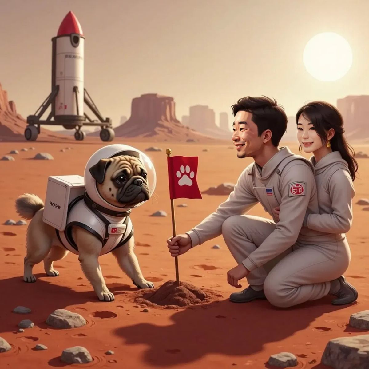Prego, a dog with a cute face and light brown hair, in a spacesuit, leaving small paw prints on Mars' red dusty ground. Jon, a 35-year-old man, planting a flag with a paw print symbol. Sarah, a 33-year-old woman, smiling as she sits nearby. The Red Rover rocket in the background.