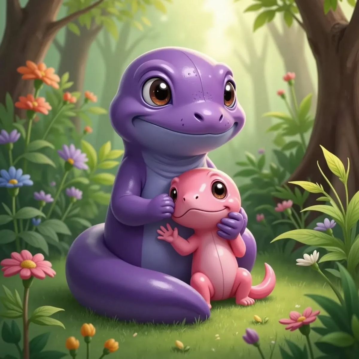 Sally Salamander holding her baby pink salamander smiling, filled with joy.