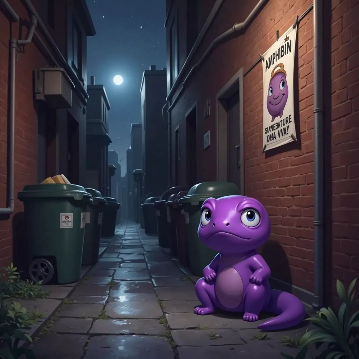 Sally Salamander, a bright purple salamander with a sad expression, in a dark alley