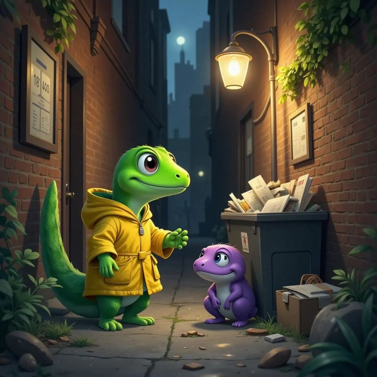 Erin the green salamander finds Sally in the alley and offers her help