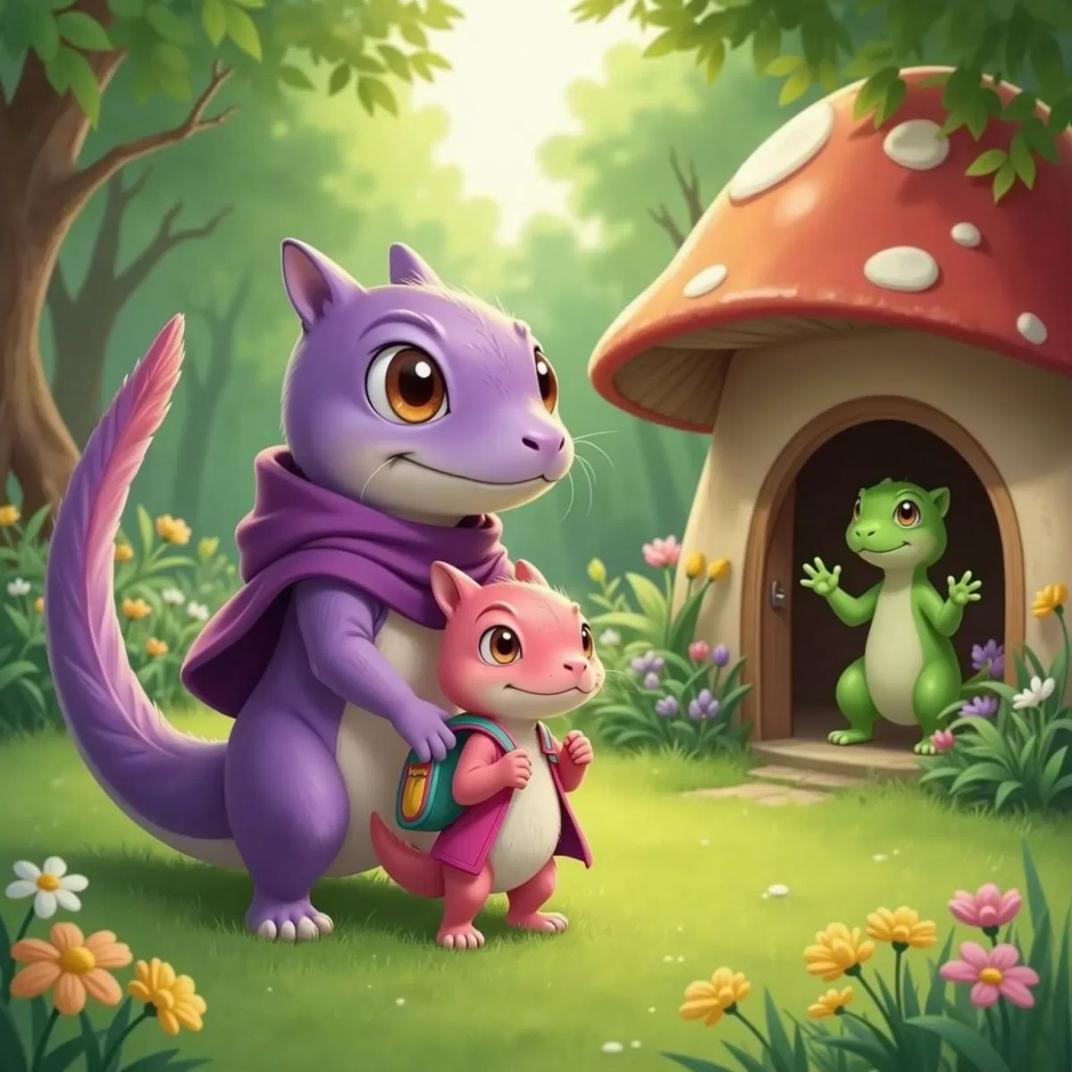 Sally wrapped with a purple scarf, hugging her pink salamander daughter goodbye, Erin the green salamander waving goodbye
