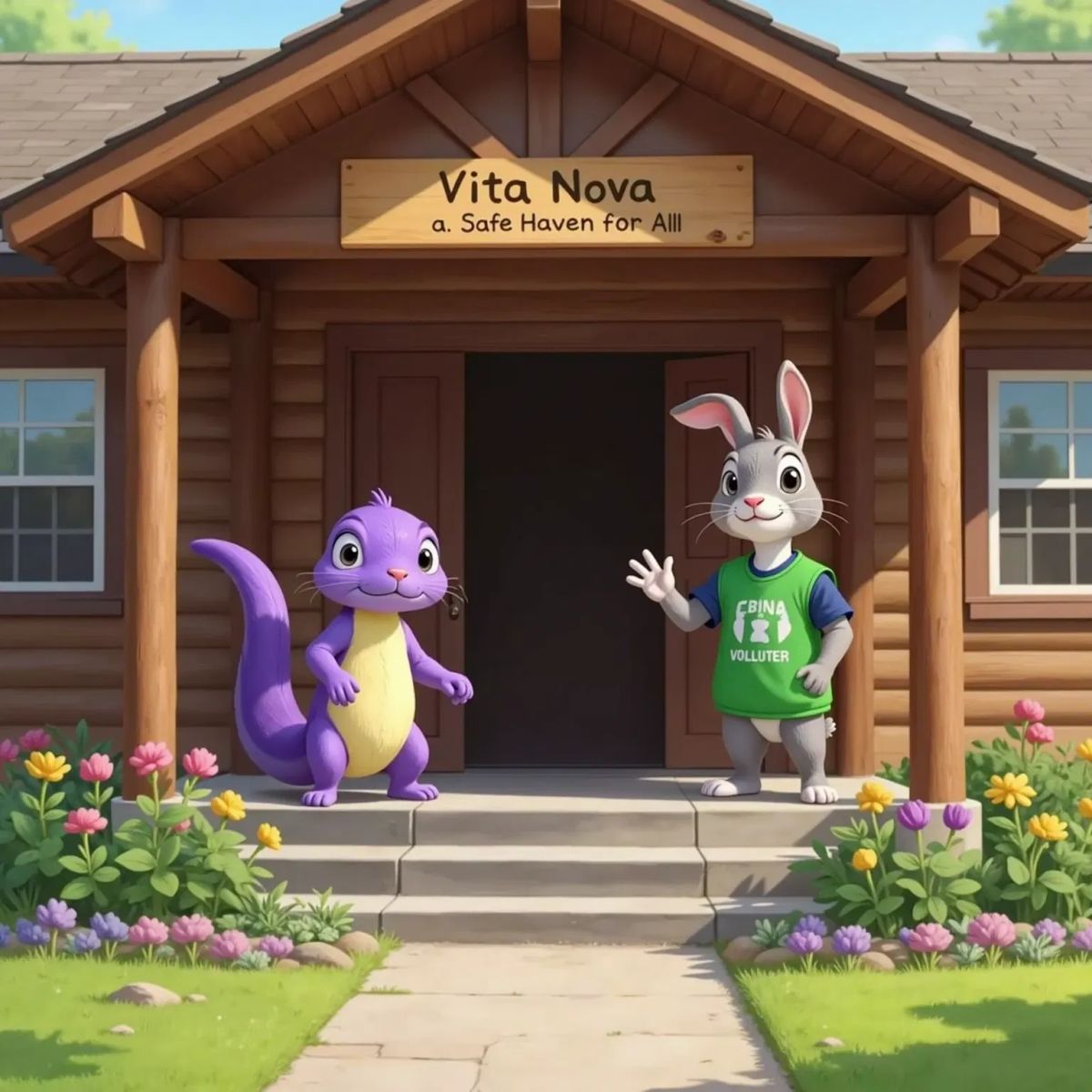 Sally the salamander arrives at Vita Nova a refuge for animals, greeted by a smiling Joel Jackrabbit. Sally is a salamander.