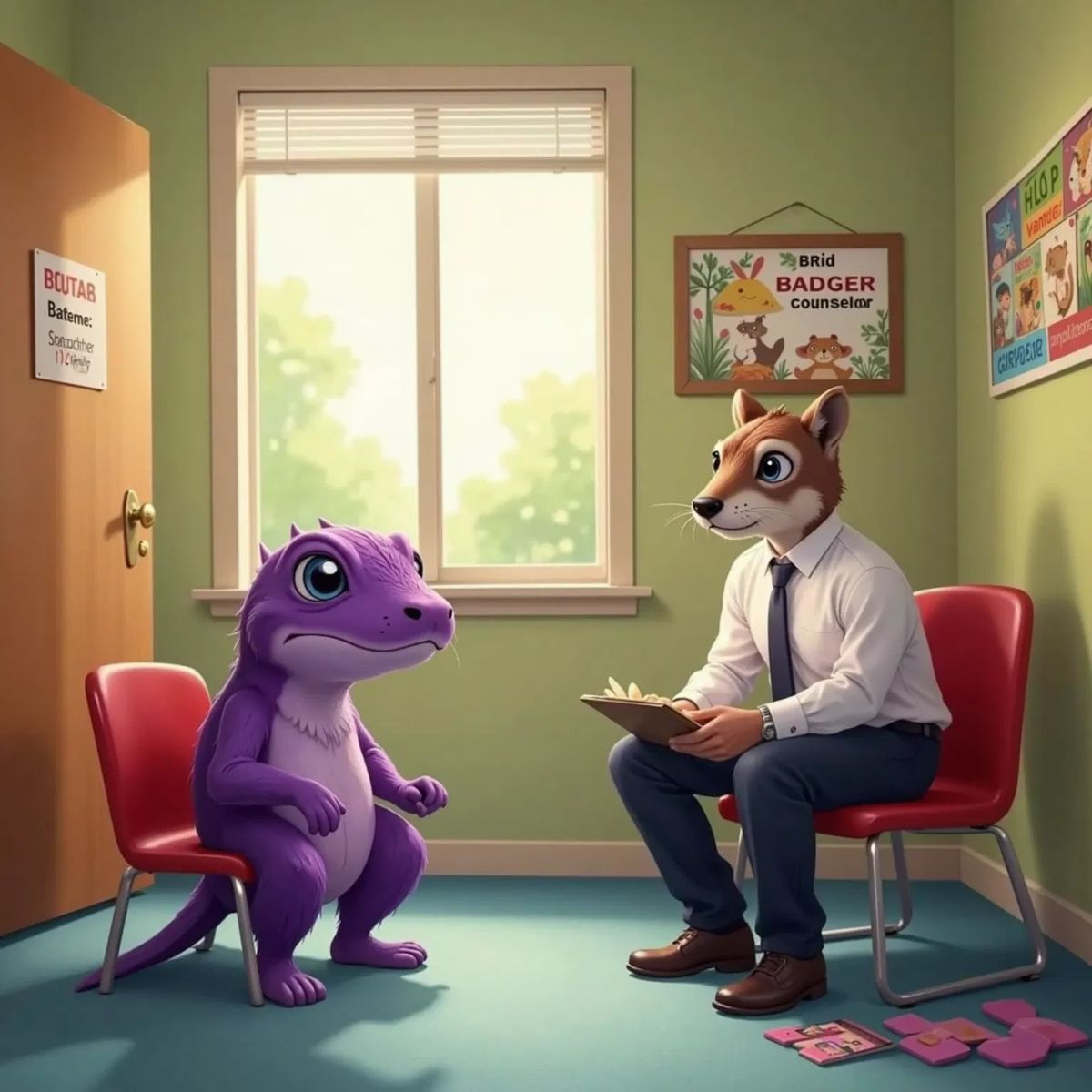 Sally Salamander looking unhappy, angry in the office with Brad Badger her counselor. Sally is a purple salamander, Brad is a badger