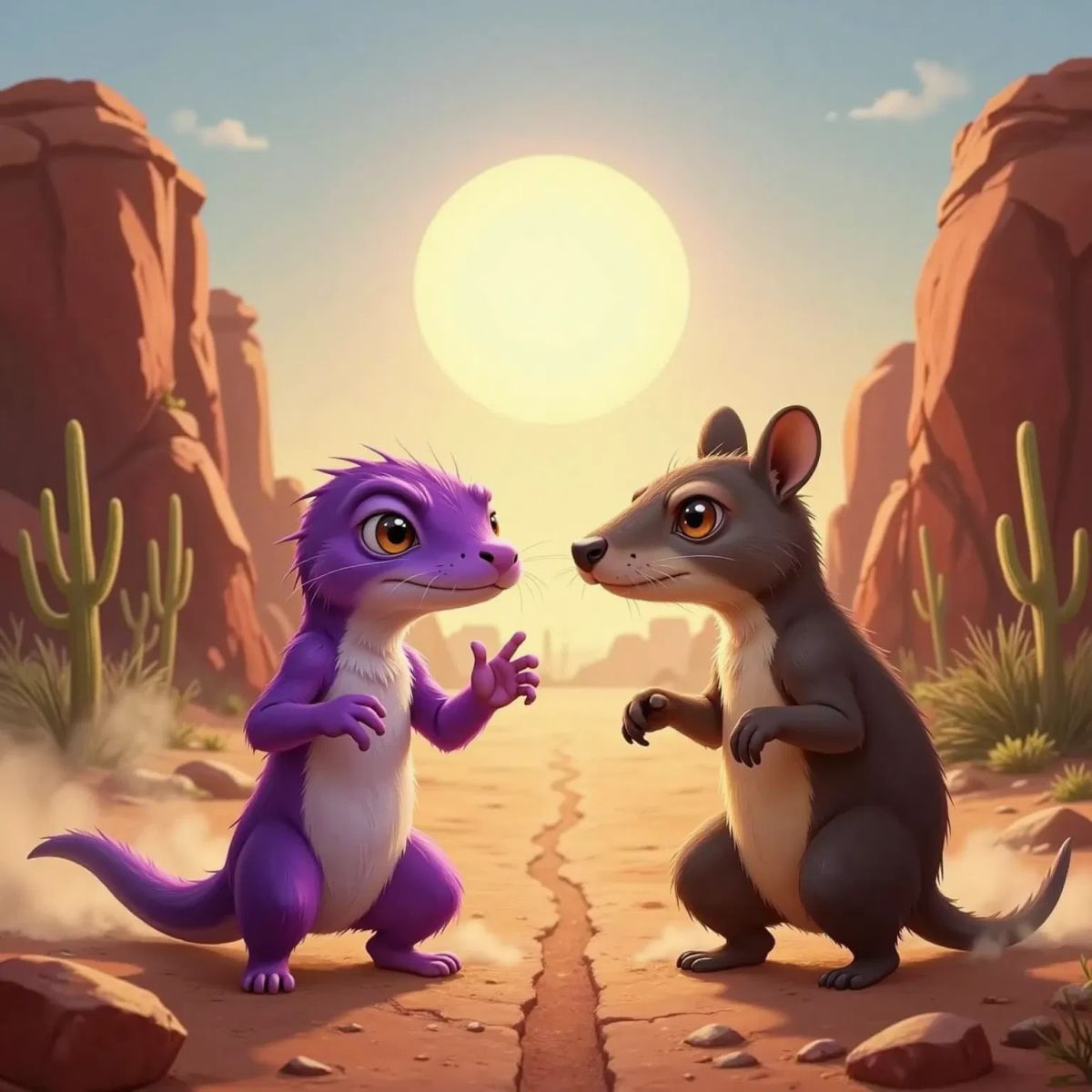 Sally is a purple salamander, a lizard, Sally the Salamander and Alexis the aardvark screaming at each other in anger, ready to fight. Sally is a purple salamander, Alexis is an aardvark