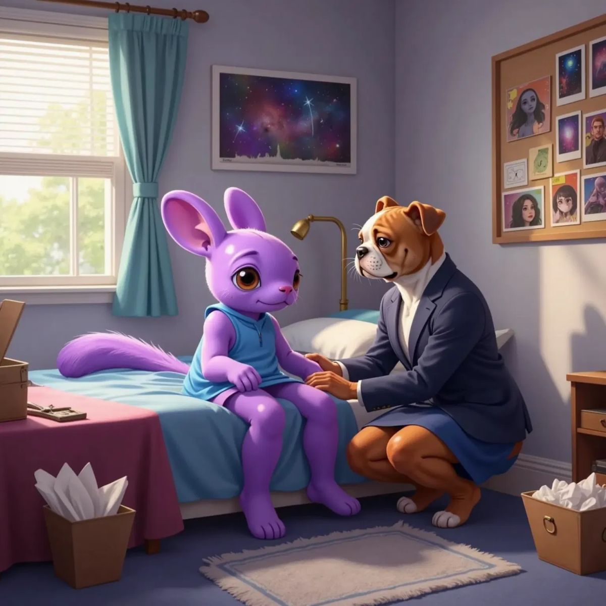 Sally salamander packing her suitcase, crying and Brandy Bulldog is talking to her. Sally is a purple salamander, Brandy is a bulldog