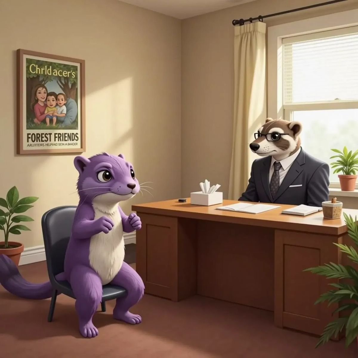 Brad is a Badger, Sally Salamander the purple salamander, crying in Brad the Badger's office. Brad is a badger, sally is a salamander, a lizard