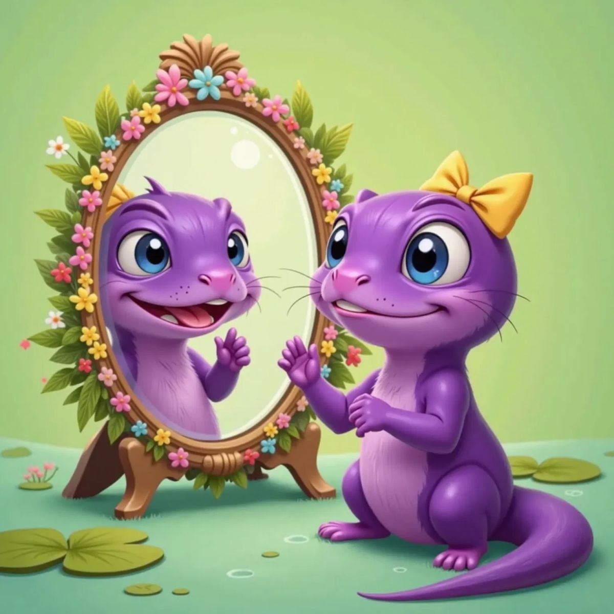 Sally Salamander looking in a mirror smiling. Sally is a salamander, a lizard looking in a mirror smiling.