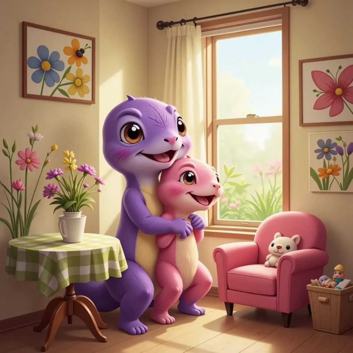 Sally Salamander, smiling with joy, hugs her pink daughter tightly in their cozy home. Sunlight streams through the window. Both are beaming with happiness.