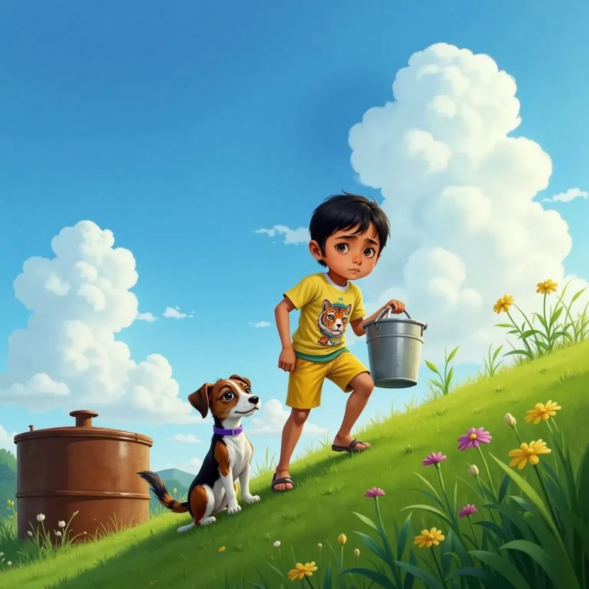 Zane with a tired expression dragging a heavy metal water bucket up a grassy hill, with Bingo, a brown and black dog with floppy ears and wagging tail, standing nearby. A large water tank at the bottom of the hill in the background.