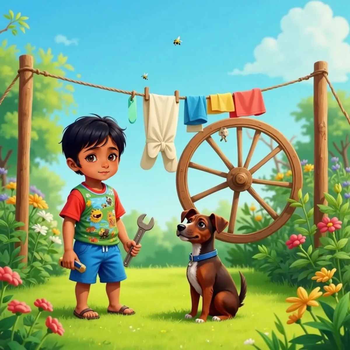 Zane watches a clothesline spinning on a wheel, with Bingo the dog sitting beside him.