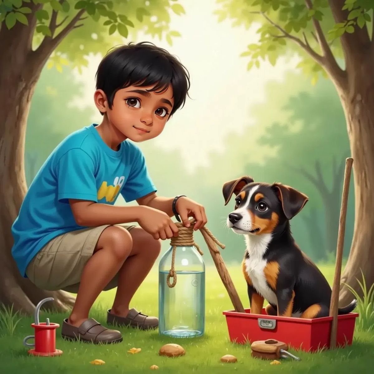 Zane ties a rope to a bottle as Bingo, his dog, watches beside him near a stick with a spool.
