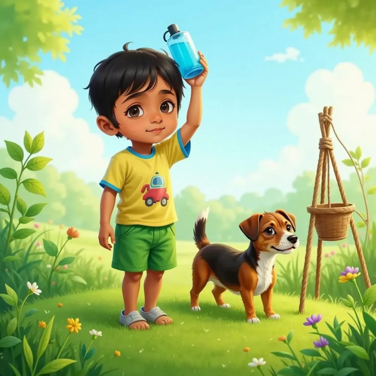 Zane holds up a water bottle at the top of the hill, smiling, with Bingo the dog wagging his tail beside him. Simple pulley setup and green plants in the background.