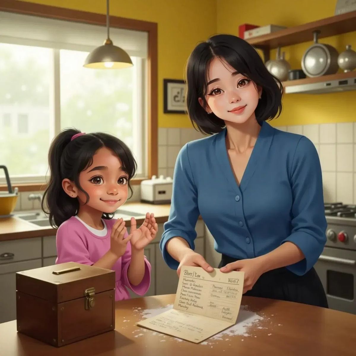 Mom, a 40yo woman with gentle eyes, smiling and holding an old recipe box at a cozy kitchen counter. Daughter, a 7yo girl with a ponytail, clapping her hands in excitement. Flour dust in the air, faded recipe card on the counter.