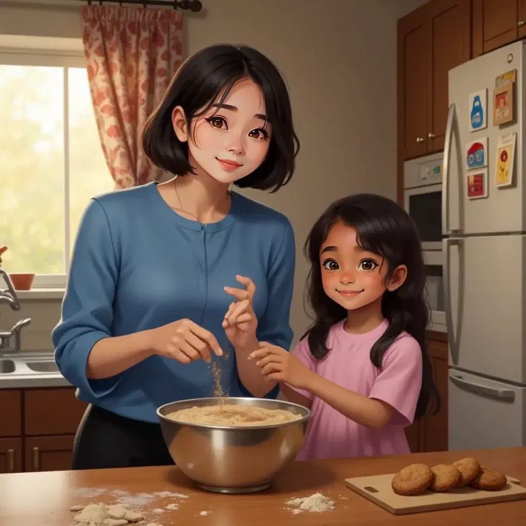 Mom steadying a mixing bowl near the oven. Daughter sprinkling cinnamon over the batter with a delighted expression. Oven window glowing, kitchen filled with a warm, homey atmosphere.