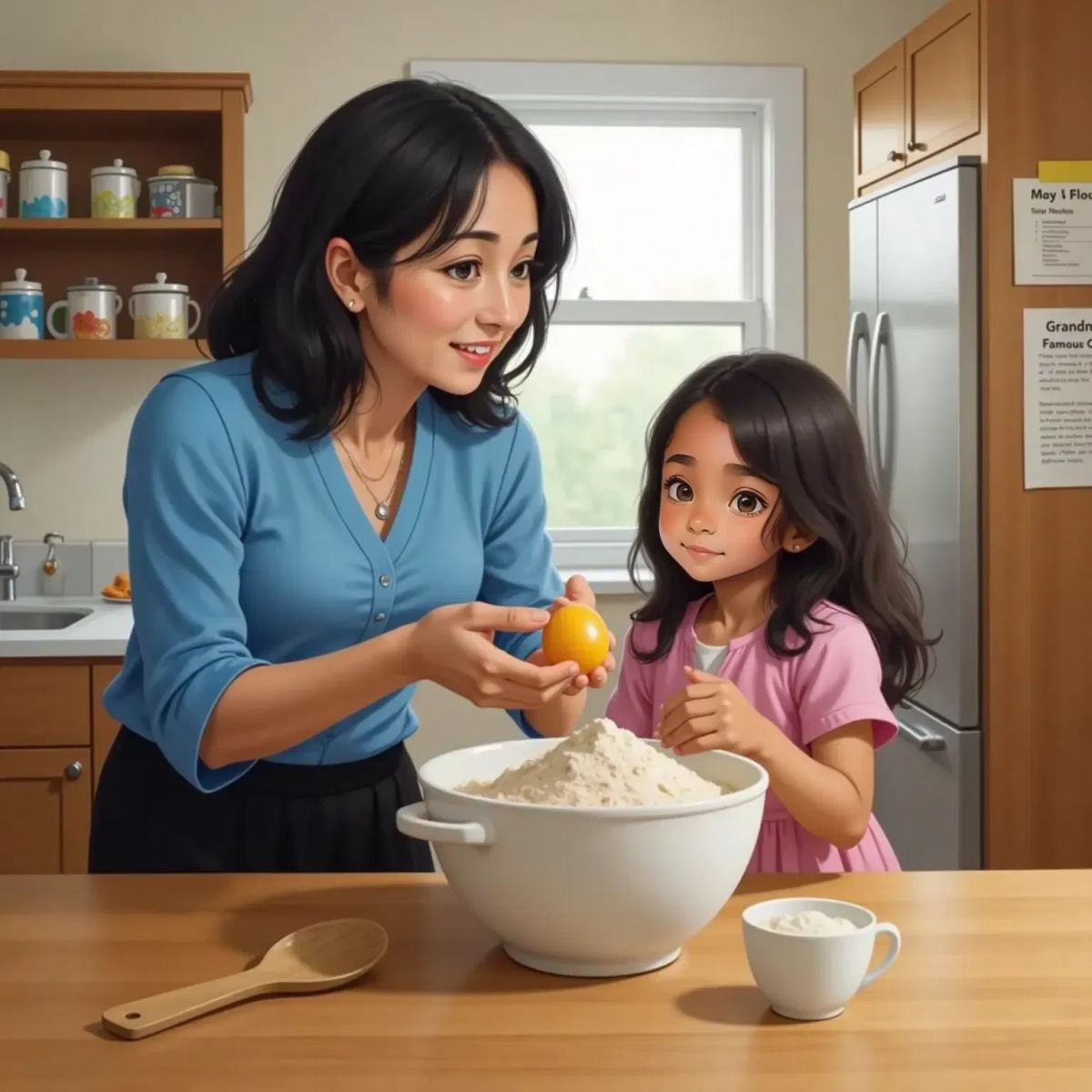 Mom holding a cracked egg over a bowl, smiling warmly. Daughter, eager and focused, holding a measuring cup above the mixing bowl. A wooden spoon and sugar bowl on the counter, kitchen shelves in the background.