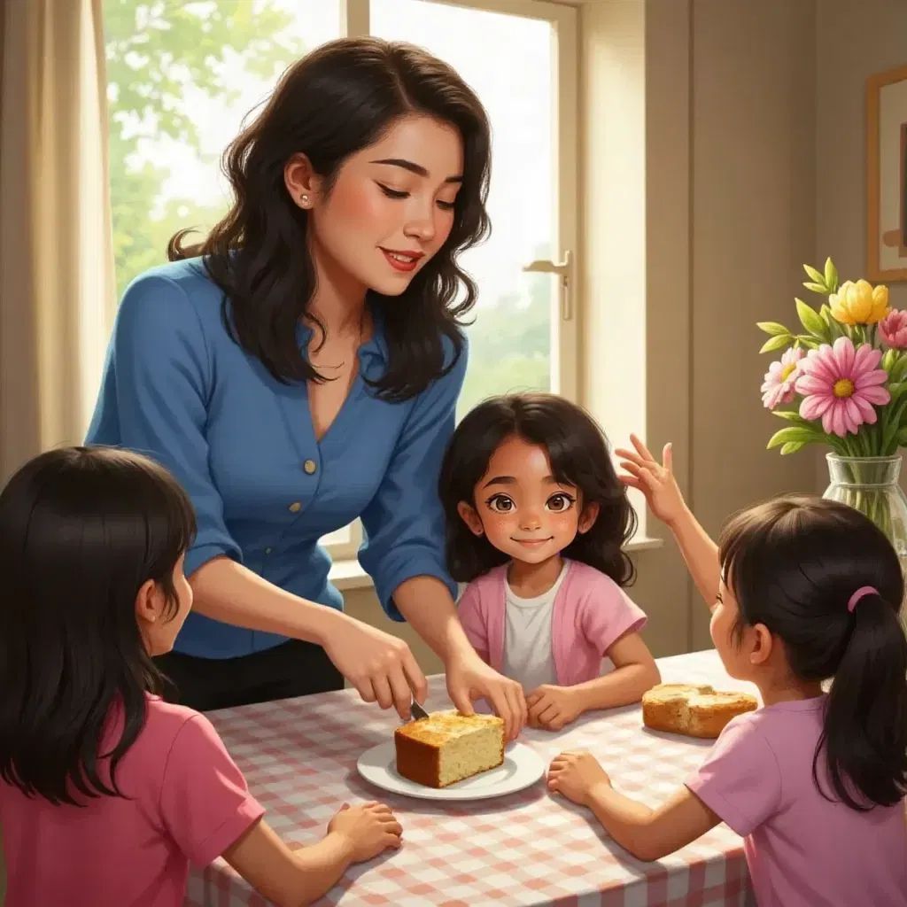 Mom slicing a warm cake on the kitchen table, handing a plate to her smiling daughter. Family hands reaching for cake slices, laughter and joy on their faces, a cozy dining area in the background.