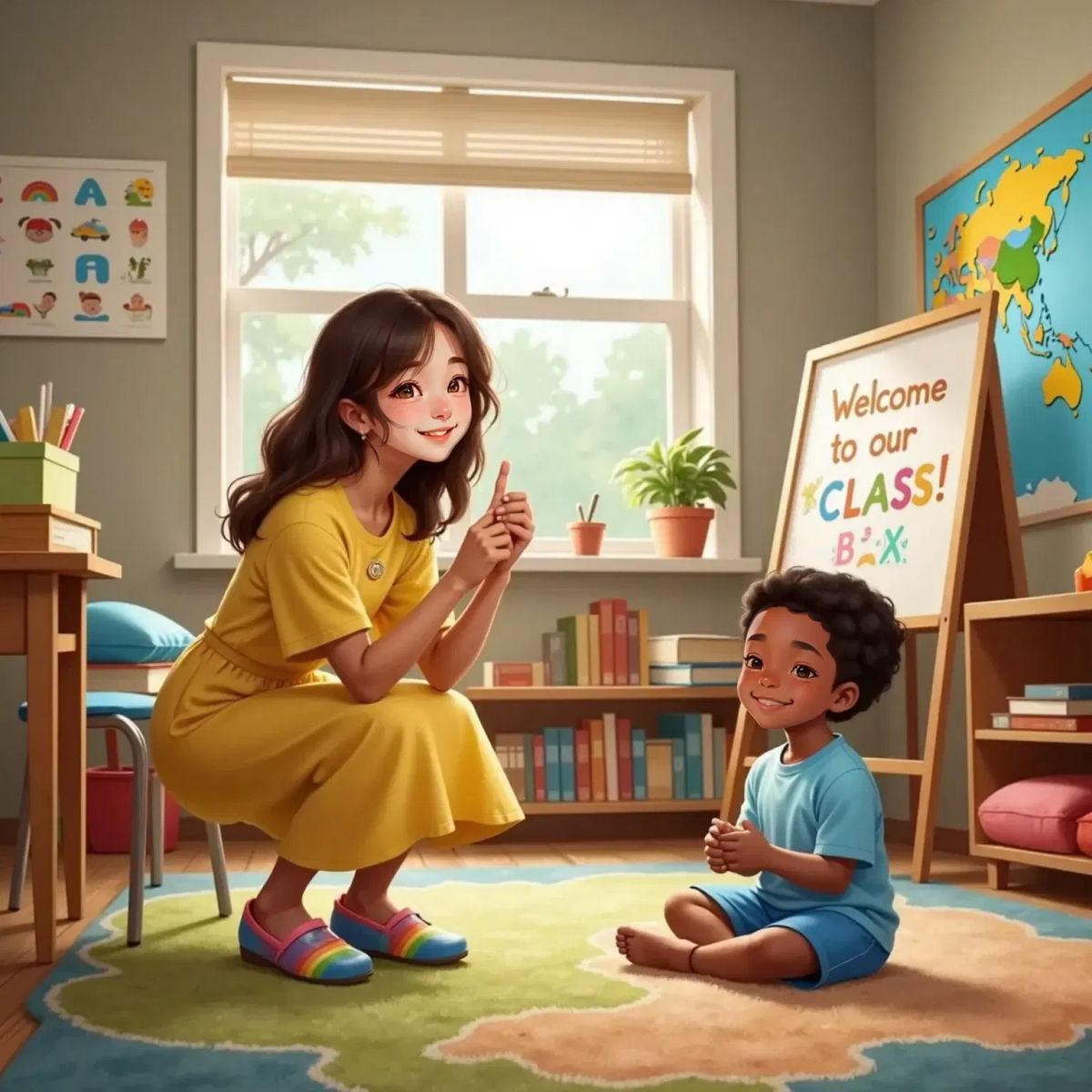 Miss Melody wearing rainbow shoes, smiling warmly at BEN in a colorful classroom decorated with drawings and rugs. BEN looks excited, sitting on the rug.