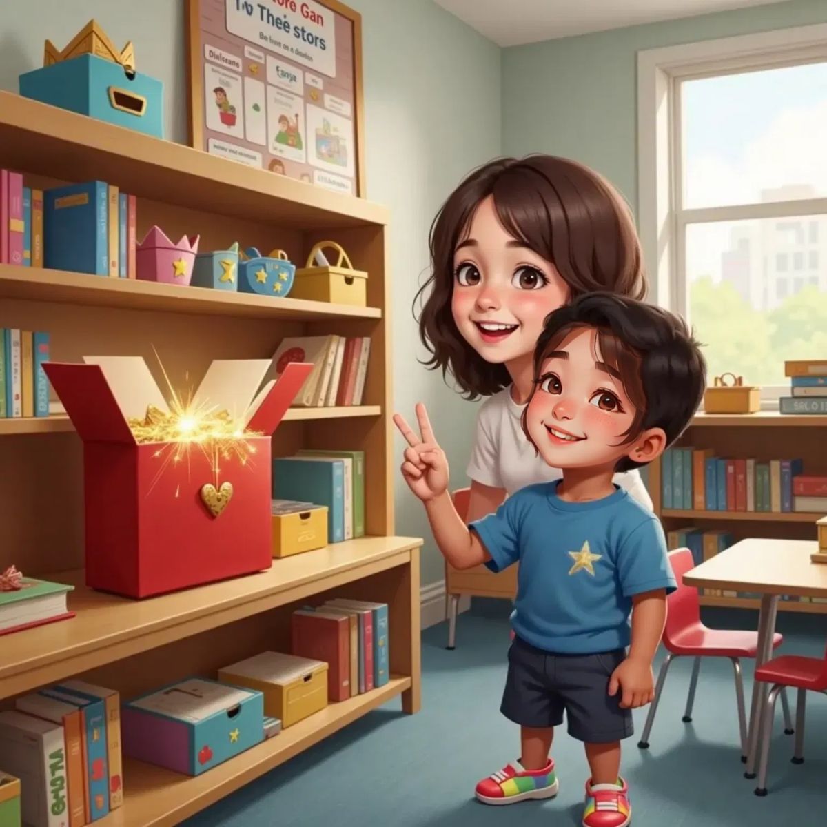 BEN pointing to a shiny box on a classroom shop shelf, his face filled with wonder. Miss Melody stands nearby, smiling proudly. The shelf is filled with crowns and glittering stars.