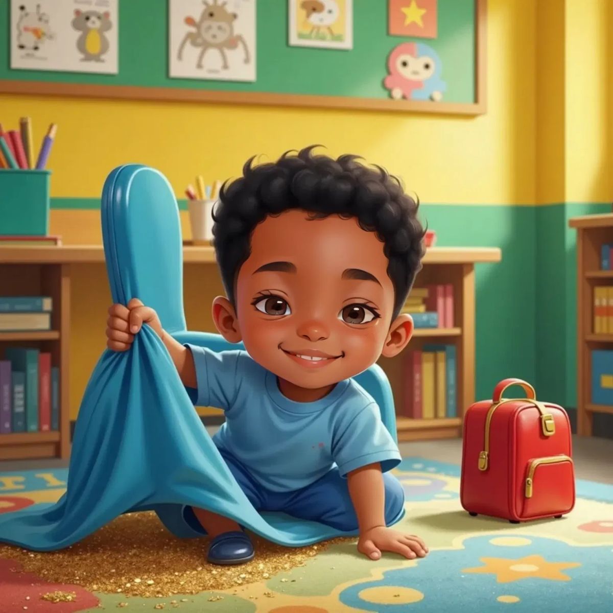 BEN with a big smile, peeking under a classroom rug, a hint of something sparkly visible. A bright blue chair and colorful classroom walls in the background.