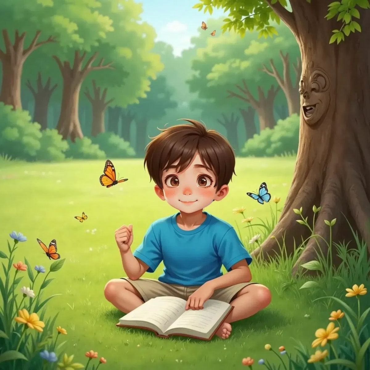 Milo sitting on the grass near the edge of a green forest, intently drawing butterflies in his open notebook. Tall trees with leafy canopies in the background, one tree with a subtle, friendly smile on its trunk. Milo's eyes are wide with curiosity.