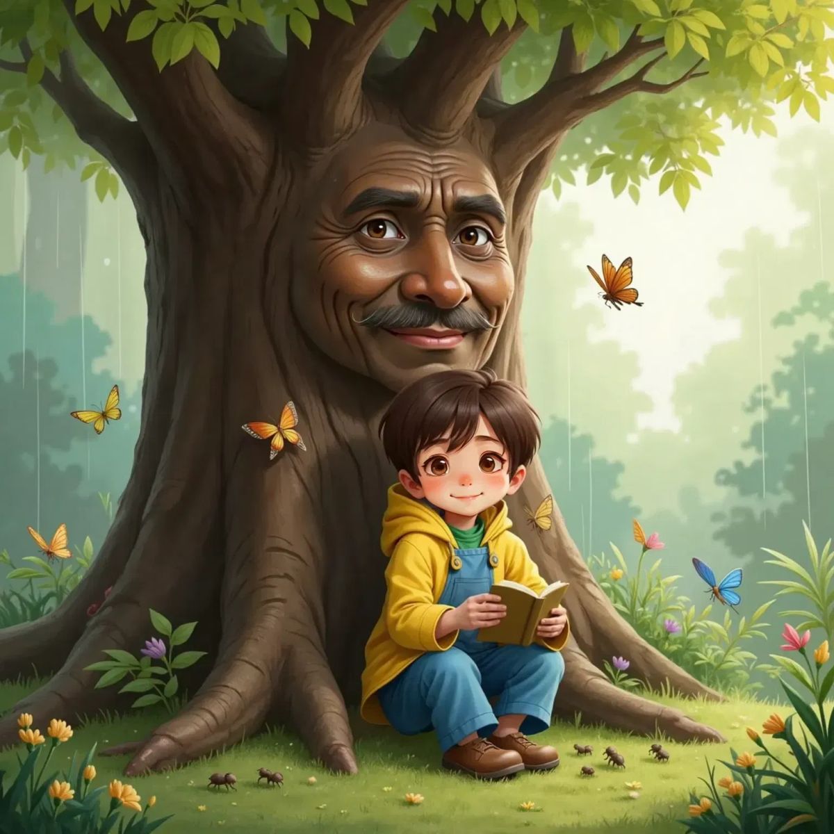 Milo sitting cross-legged under Tiko, the Talking Tree, with his notebook in his lap, listening intently. Tiko's face looks wise and gentle. Branches above drip with raindrops, and a few birds and ants are visible nearby. Milo's face shows fascination.