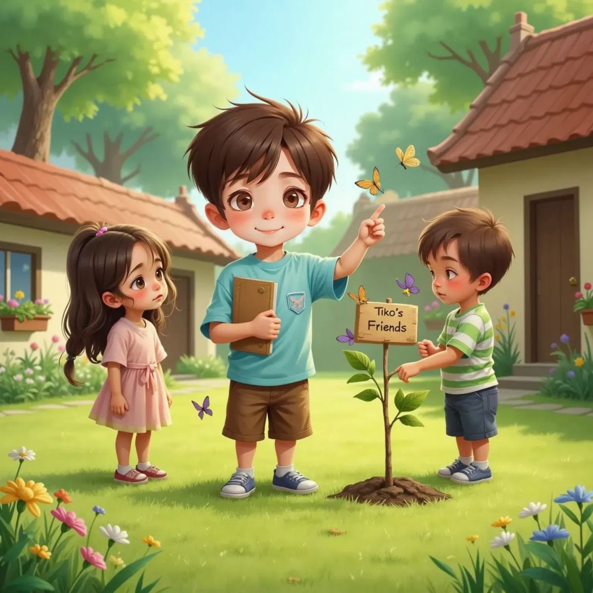 Milo standing in a sunny village clearing, smiling proudly as he points to a young sapling labeled 'Tiko’s Friends.' Two children stand nearby, listening with interest. The background shows simple village houses and green grass.