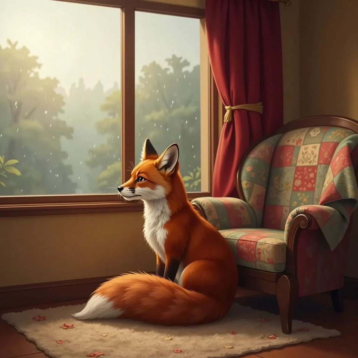 Luna, a red fox with beautiful fur, sitting by a window with her tail curled tightly, a single tear on her cheek, looking sad in a cozy room.