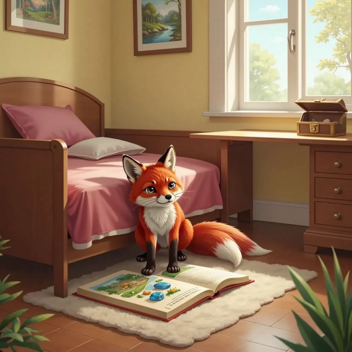 Luna, a red fox with beautiful fur, peering under her bed and into an open book in a quiet, tidy bedroom, her face looking worried and disappointed.